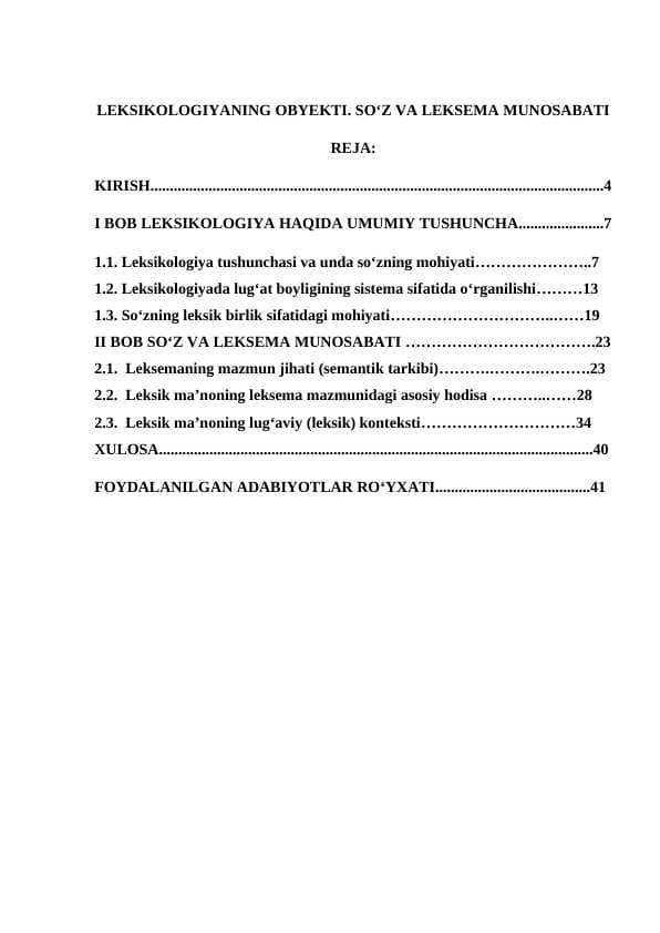 Leksikologiyaning obyekti. Soʻz va leksema munosabati KURS ISHI.1.docx