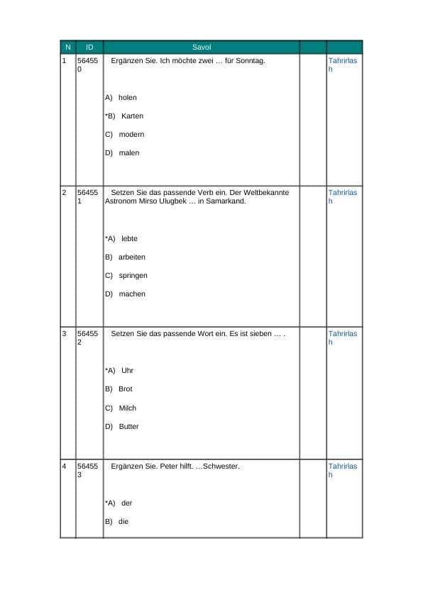 nemis tilidan test javoblari bilan