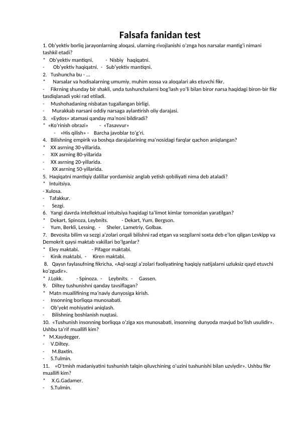Falsafa fanidan test javoblari bilan