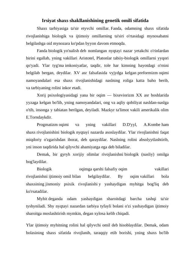 Irsiyat shaxs shakllanishining genetik omili sifatida
