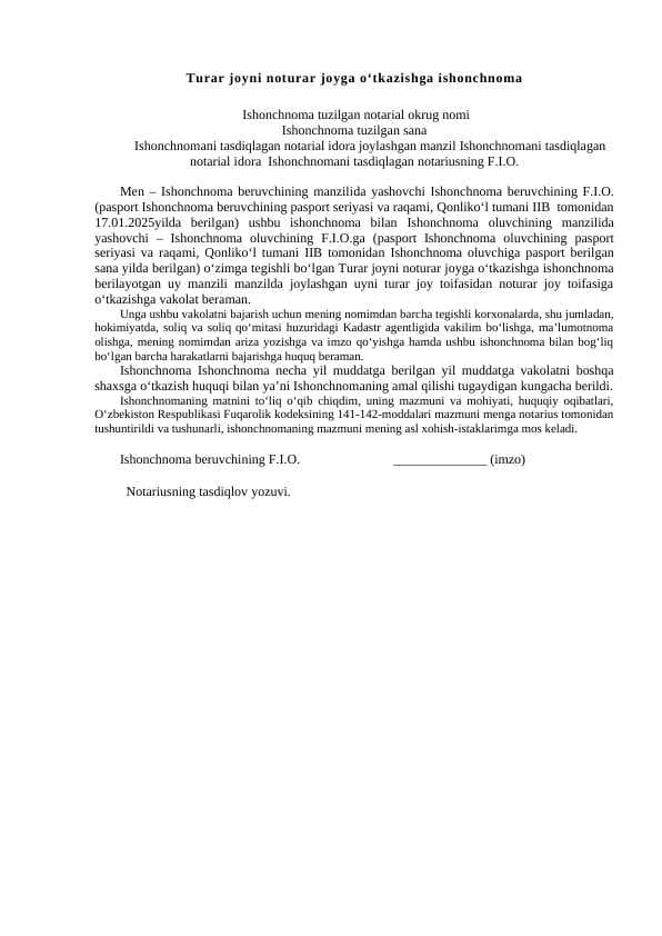 Turar joyni noturar joyga oÔÇÿtkazishga ishonchnoma