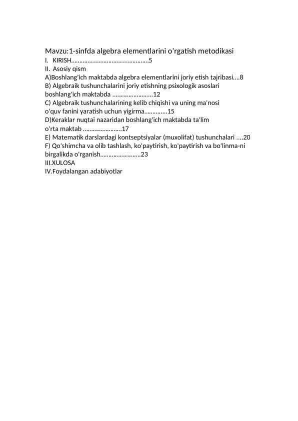 1-sinfda algebra elementlarini oʻrgatish metodikasi