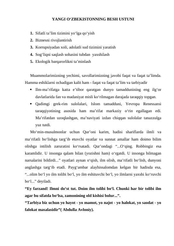 Yangi O'zbekistonda amalga oshirilayotgan o'zgarishlar va  Yangi O‘zbekistonning Besh Ustuni