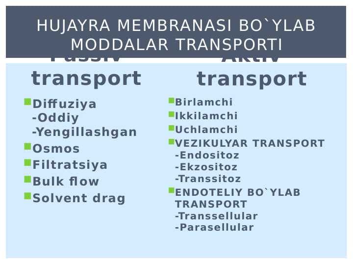Hujayra membranasi bo`ylab moddalar transporti