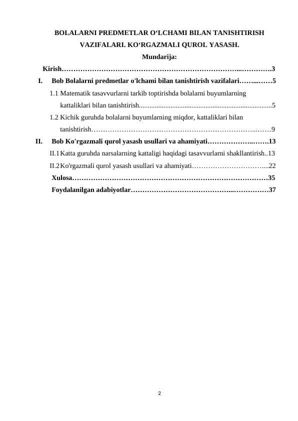 BOLALARNI PREDMETLAR OʻLCHAMI BILAN TANISHTIRISH VAZIFALARI. KOʻRGAZMALI QUROL YASASH