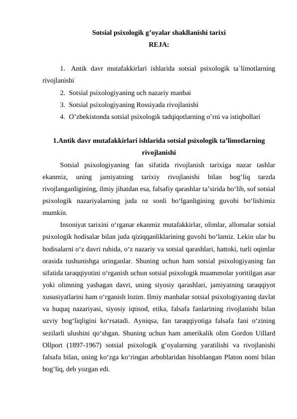 Sotsial psixologik g'oyalar shakllanishi tarixi