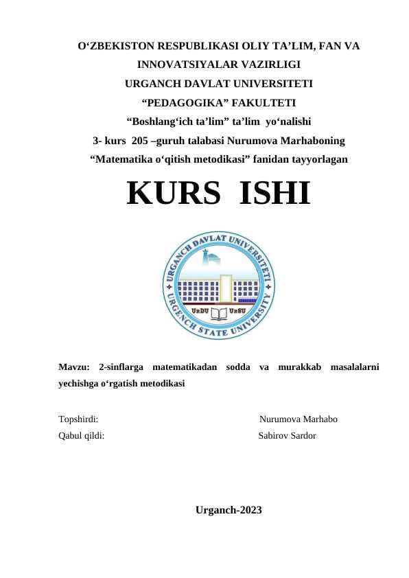 2-sinflarga matematikadan sodda va murakkab masalalarni yechishga o‘rgatish metodikasi