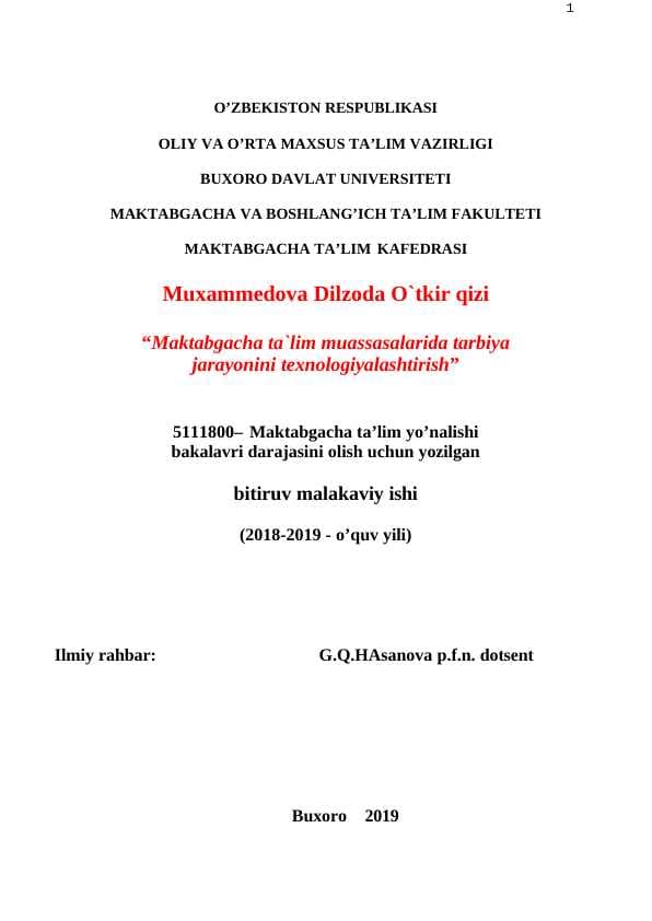 Maktabgacha ta`lim muassasalarida tarbiya jarayonini texnologiyalashtirish”