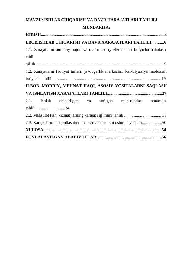 ISHLAB CHIQARISH VA DAVR HARAJATLARI TAHLILI.