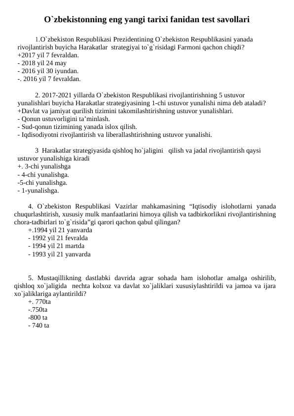 O'zbekistonning eng yangi tarixidan test savollari, javoblari bilan