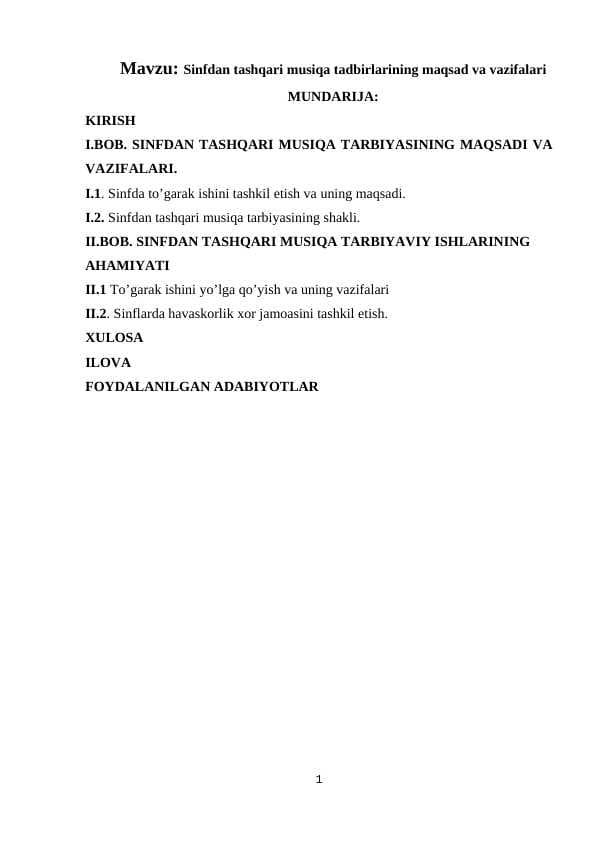 Sinfdan tashqari musiqa tadbirlarining maqsad va vazifalari