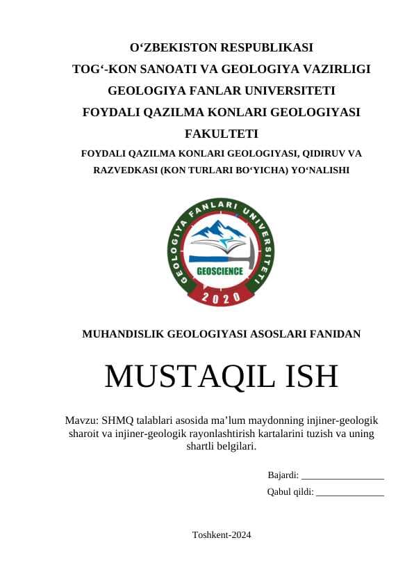 SHMQ talablari asosida ma’lum maydonning injiner-geologik sharoit va injiner-geologik rayonlashtirish kartalarini tuzish va uning shartli belgilari.