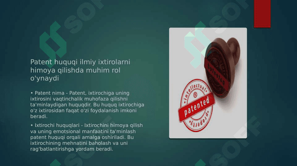 Ilm-fan, ilmiy faoliyat, ixtirochilik va innovatsion faoliyatni qoʻllab-quvvatlash. Intelektual mulk huquqi va patent siyosati