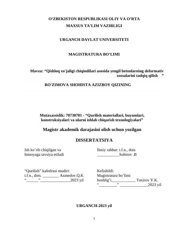 Qishloq xo'jaligi chiqindilari asosida yengil betonlarning deformativ xossalarini tadqiq qilish