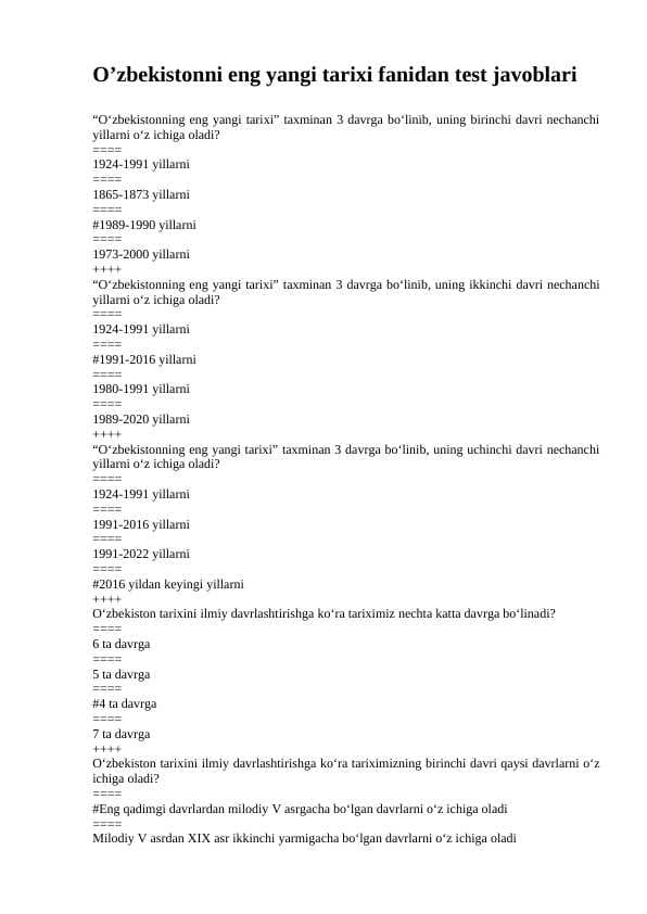 O’zbekistonni eng yangi tarixi fanidan test javoblari pptx