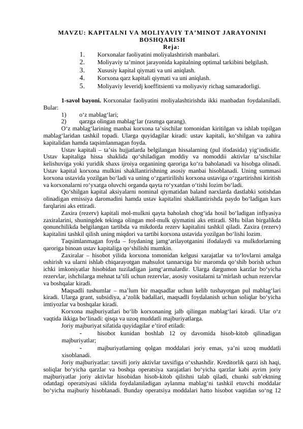 KAPITALNI VA MOLIYAVIY TA’MINOT JARAYONINI BOSHQARISH