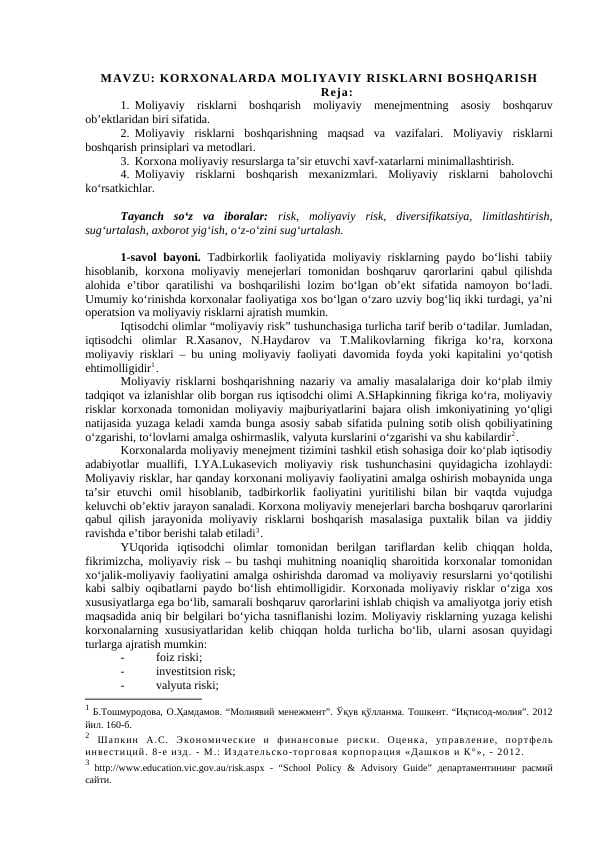 KORXONALARDA MOLIYAVIY RISKLARNI BOSHQARISH