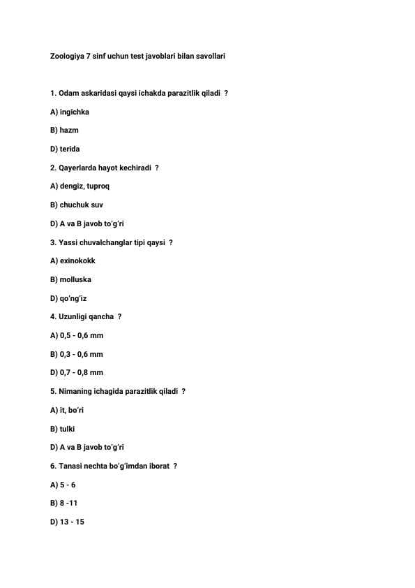 Testlar | Zoologiya | 7-sonf kitobidan