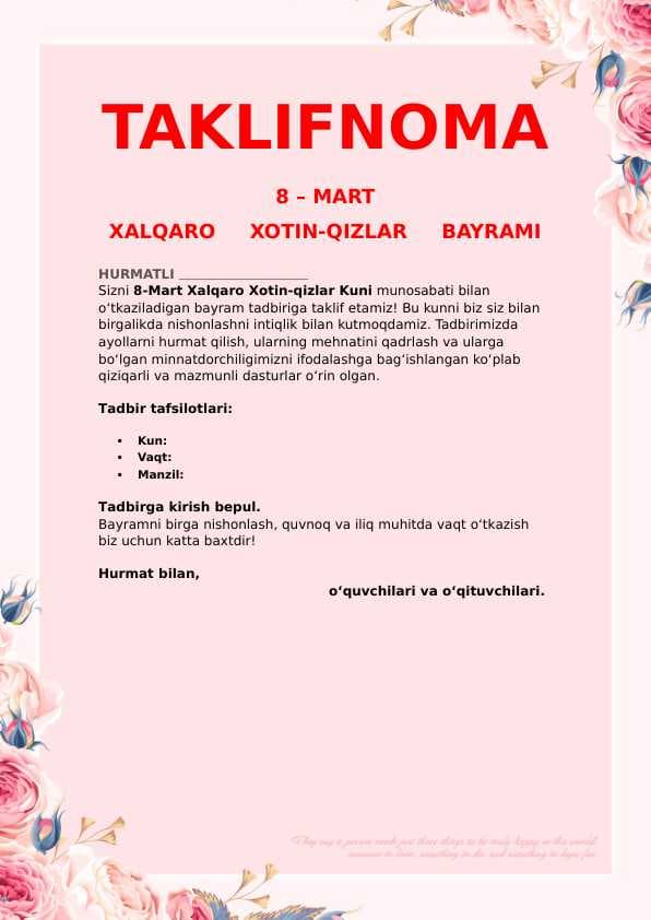 8-mart bayrami tadbir taklifnomasi
