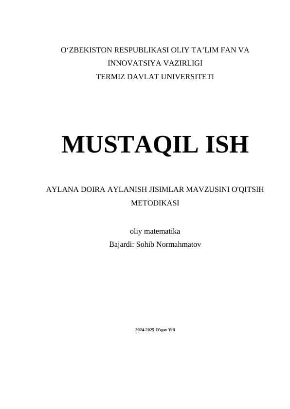 Aylana_doira_aylanish_jisimlar_mavzusini_o..   mustaqil ish matematika