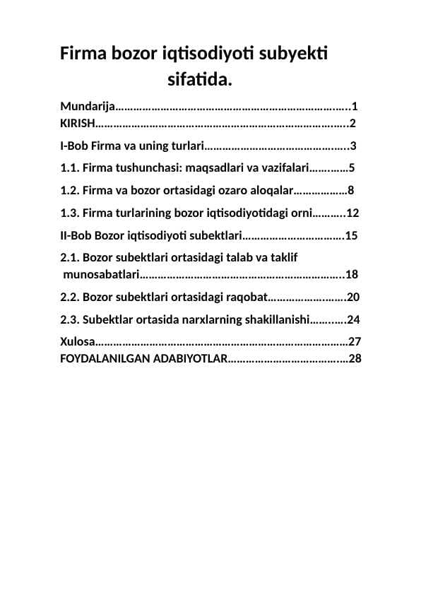 Firma bozor iqtisodiyoti subyekti  sifatida.