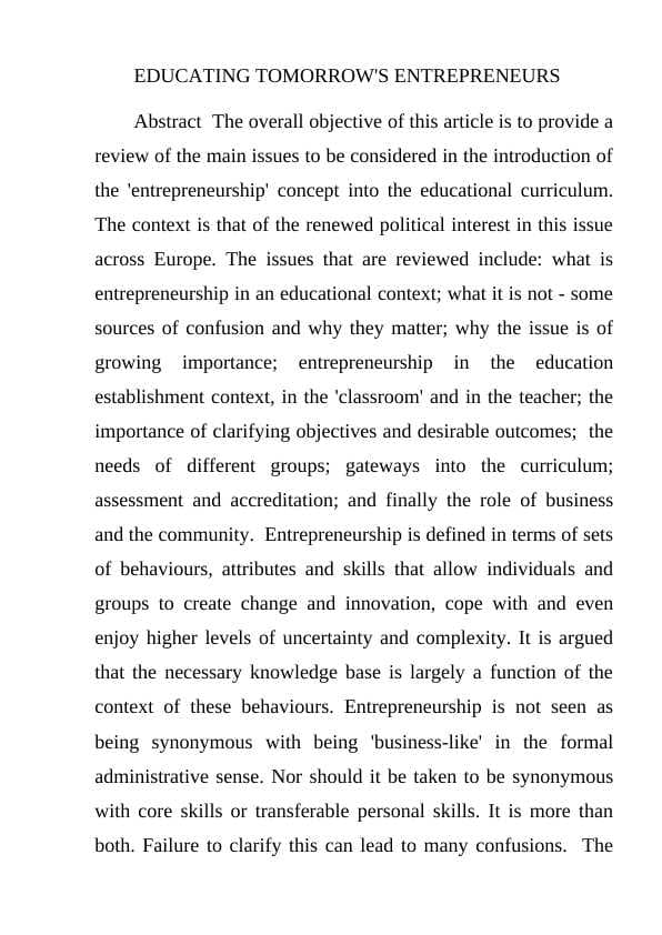 EDUCATING TOMORROW'S ENTREPRENEURS