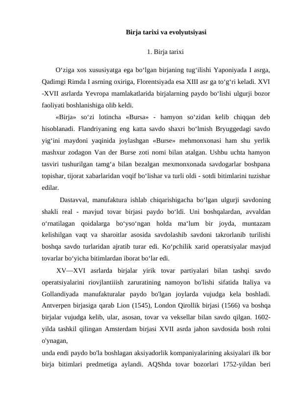 Birja tarixi va evolyutsiyasi