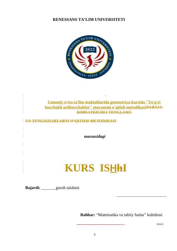 Umumiy o'rta ta'lim maktablarida geometriya kursida "To'g'ri burchakli uchburchaklar" mavzusini o'qitish metodikasi