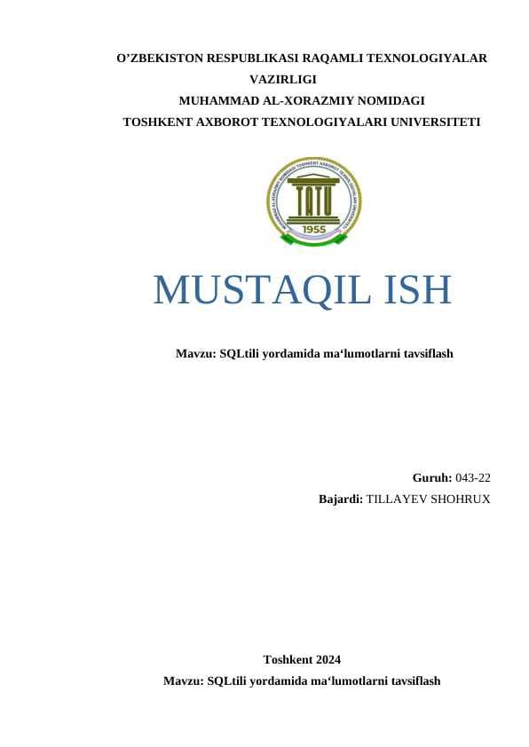 SQLtili yordamida ma‘lumotlarni tavsiflash