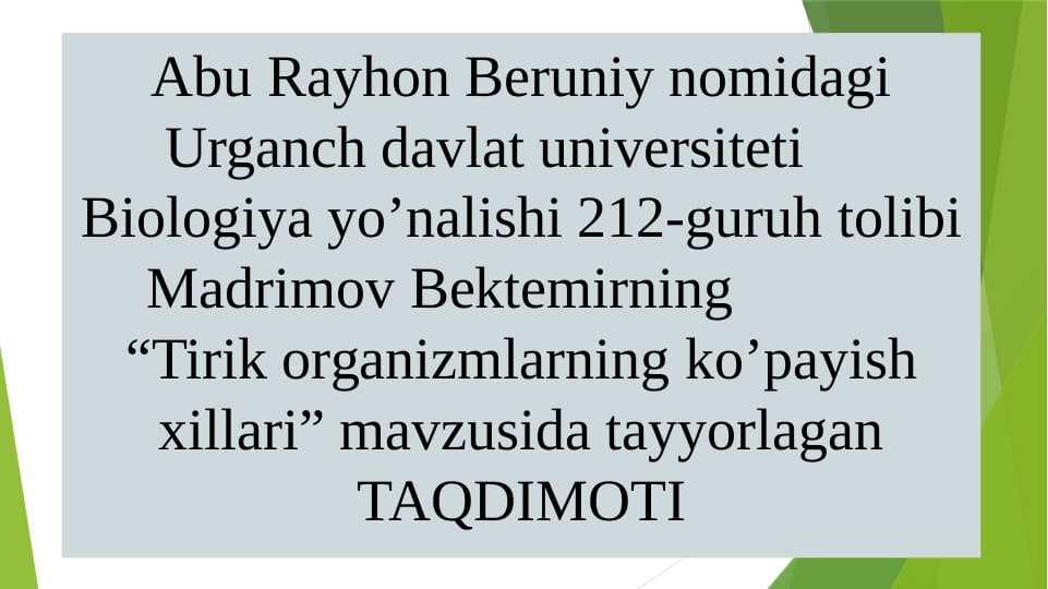Tirik organizmlarning jinssiz ko'payishi