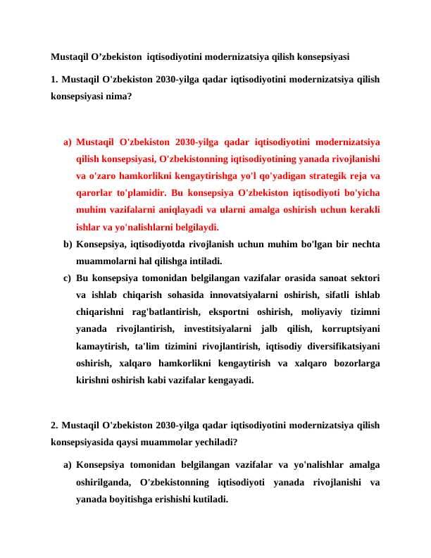 Mustaqil O’zbekiston  iqtisodiyotini modernizatsiya qilish konsepsiyasi mavzusida test