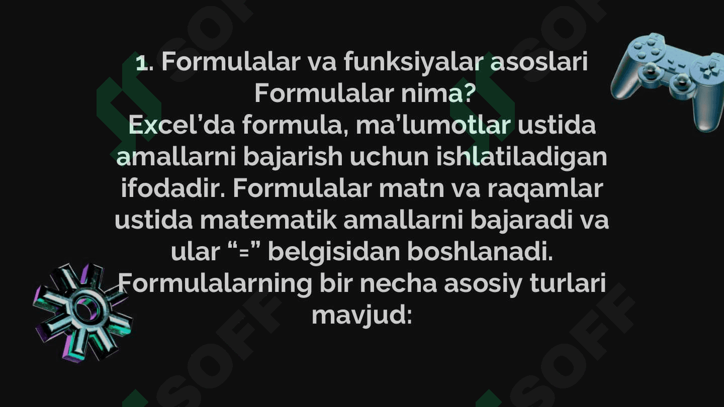 MS Excelda formula va funksiyalar bilan ishlash.