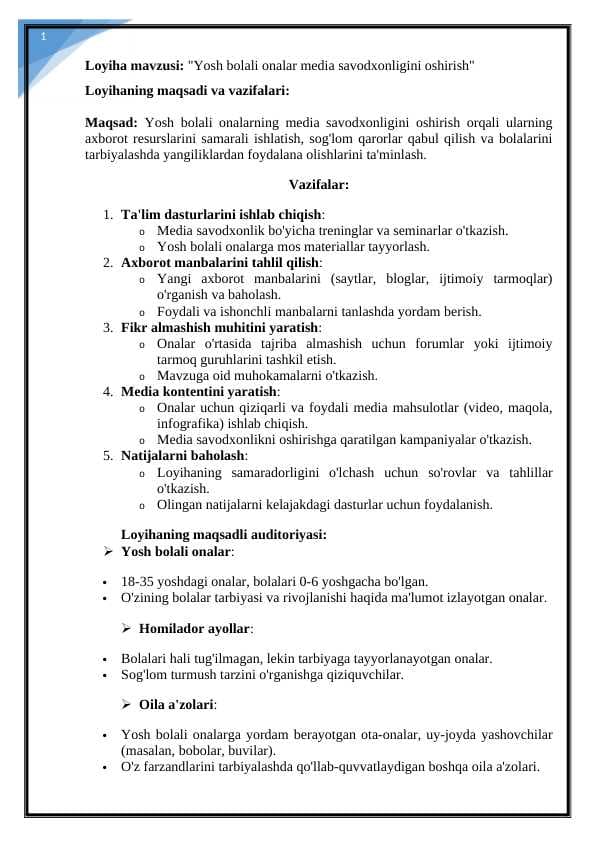 Yosh bolali onalar media savodxonligini oshirish loyihasi