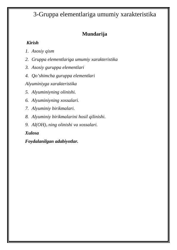 Gruppa elementlariga umumiy xarakteristika