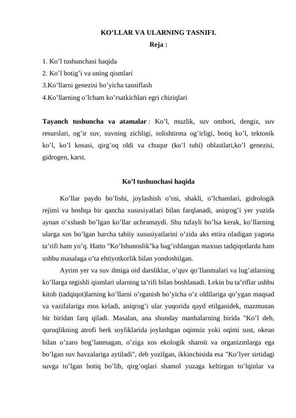 KO’LLAR VA ULARNING TASNIFI