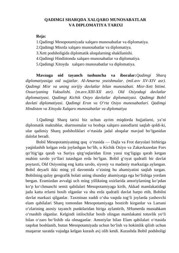 QADIMGI SHARQDA XALQARO MUNOSABATLAR  VA DIPLOMATIYA TARIXI