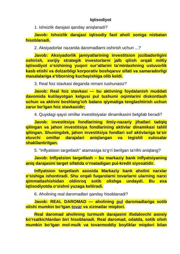 Argus savollari va javoblari(Iqtisodiyot)
