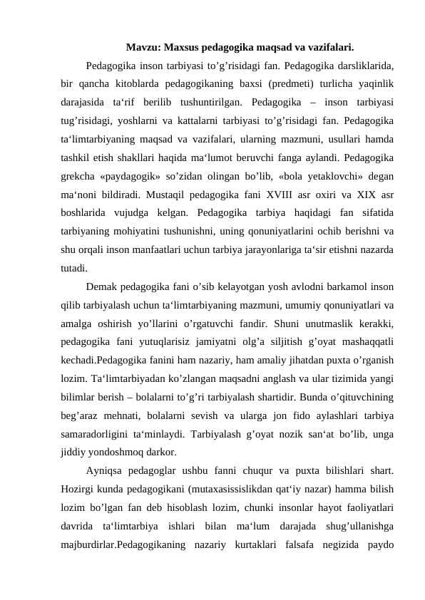 Maxsus pedagogika maqsad va vazifalari.