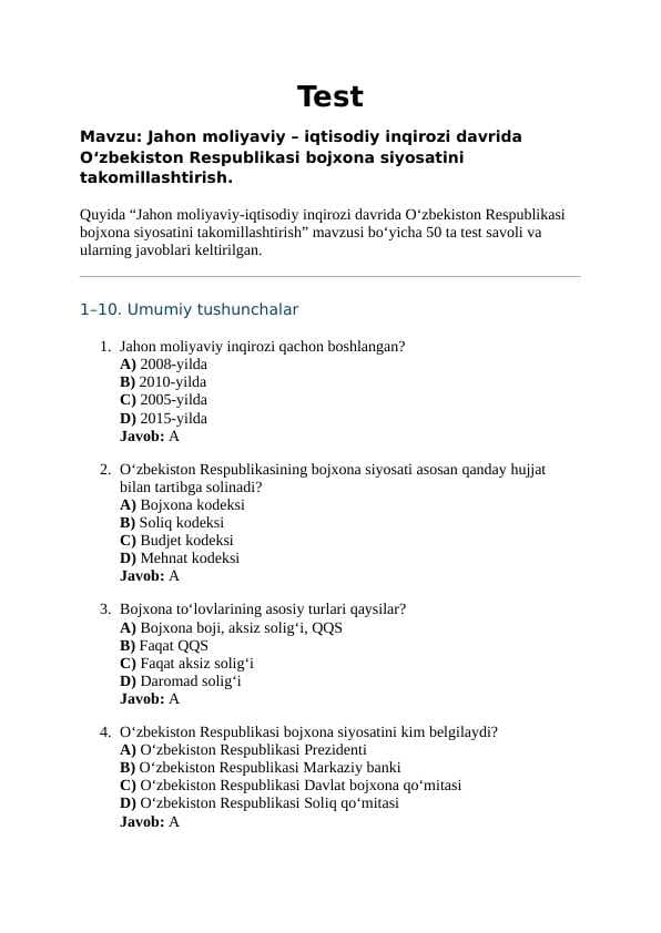 Mavzu: Jahon moliyaviy – iqtisodiy inqirozi davrida Oʻzbekiston Respublikasi bojxona siyosatini takomillashtirish.