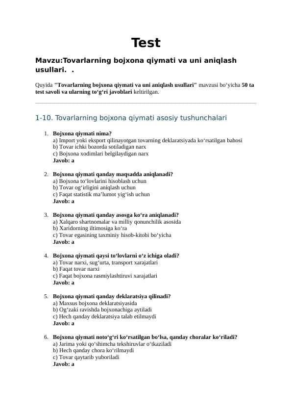 Mavzu:Tovarlarning bojxona qiymati va uni aniqlash usullari