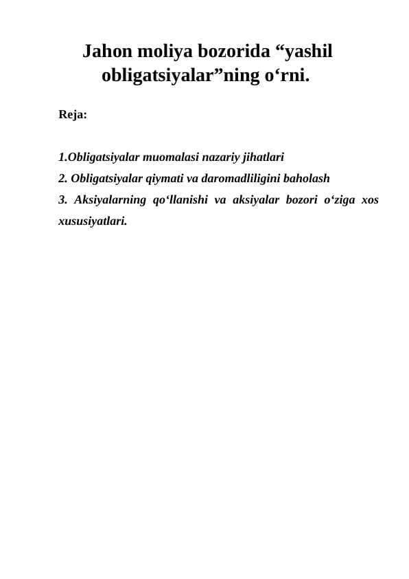 Jahon moliya bozorida “yashil             obligatsiyalar”ning o‘rni.