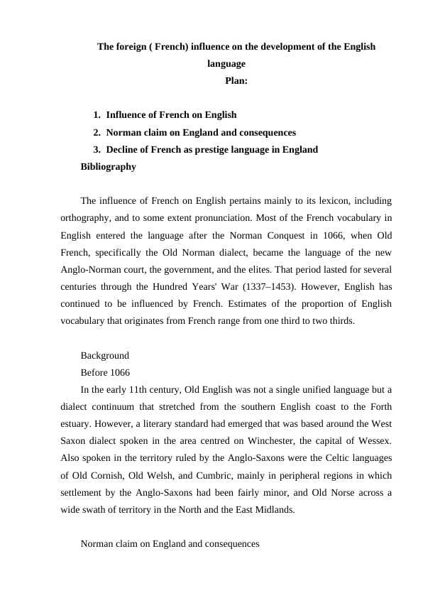 The foreign ( French) influence on the development of the English language