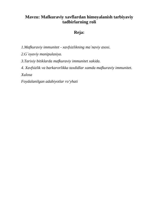 Mafkuraviy xavflardan himoyalanish tarbiyaviy tadbirlarning roli