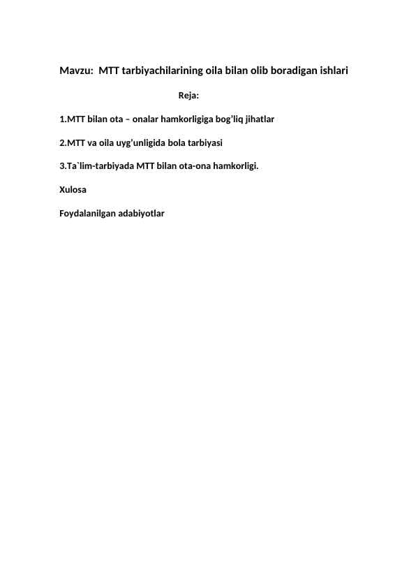 MTT tarbiyachilarining oila bilan olib boradigan ishlari