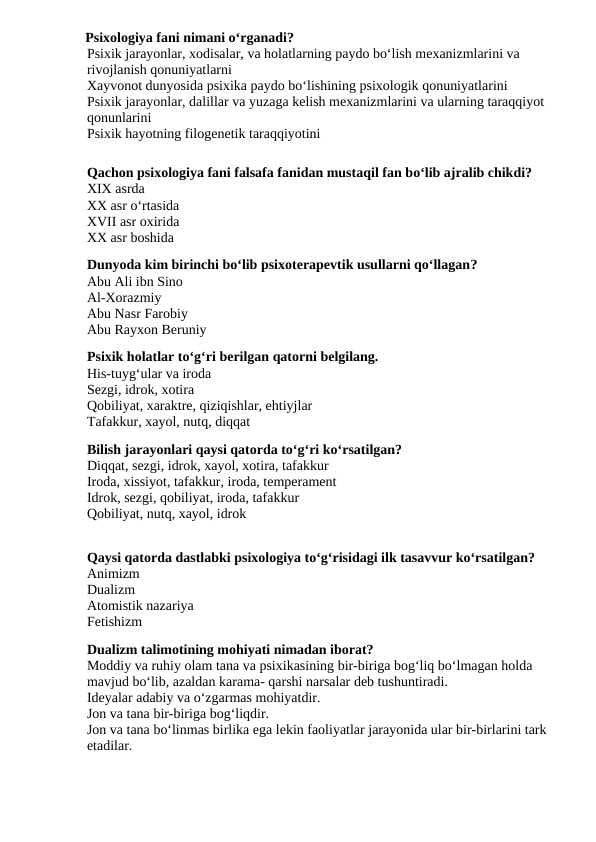 Umumiy psixologiya test 2025-yil