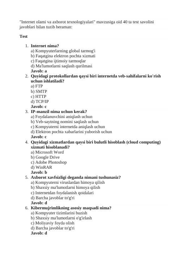 internet olami va axborot texnologiyalar test