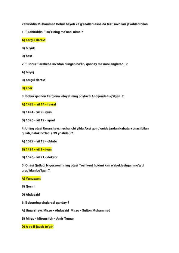 Zahiriddin Muhammad Bobur / hayoti va g‘azallari / test / savol / javoblari