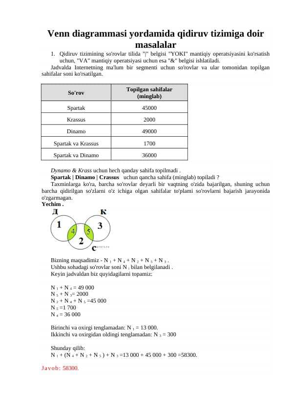 Venn diagrammasi yordamida qidiruv tizimiga doir  masalalar