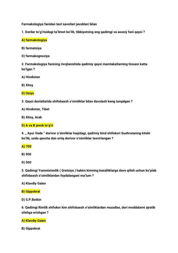 Tibbiyot | Farmakologiya | test savollari javoblari bilan | 28 ta test