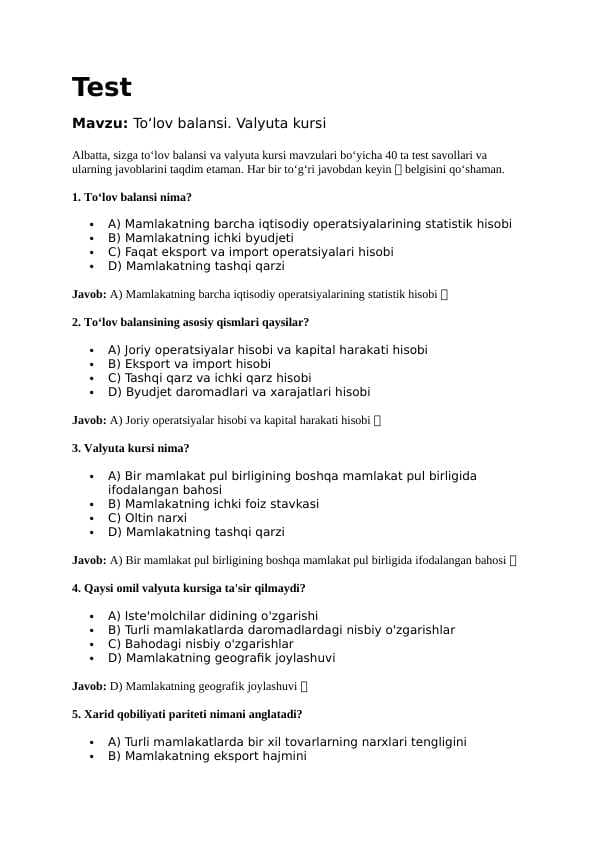 Mavzu: Toʻlov balansi. Valyuta kursi . TEST JAVOBLARI BILAN